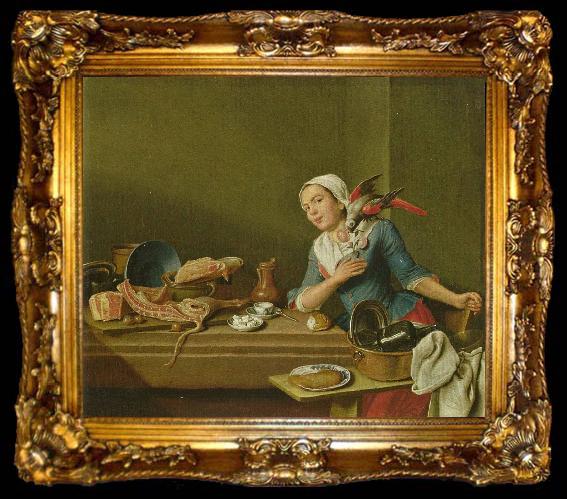 framed  Peter Jakob Horemans Kuchenstillleben mit weiblicher Figur und Papagei, ta009-2
